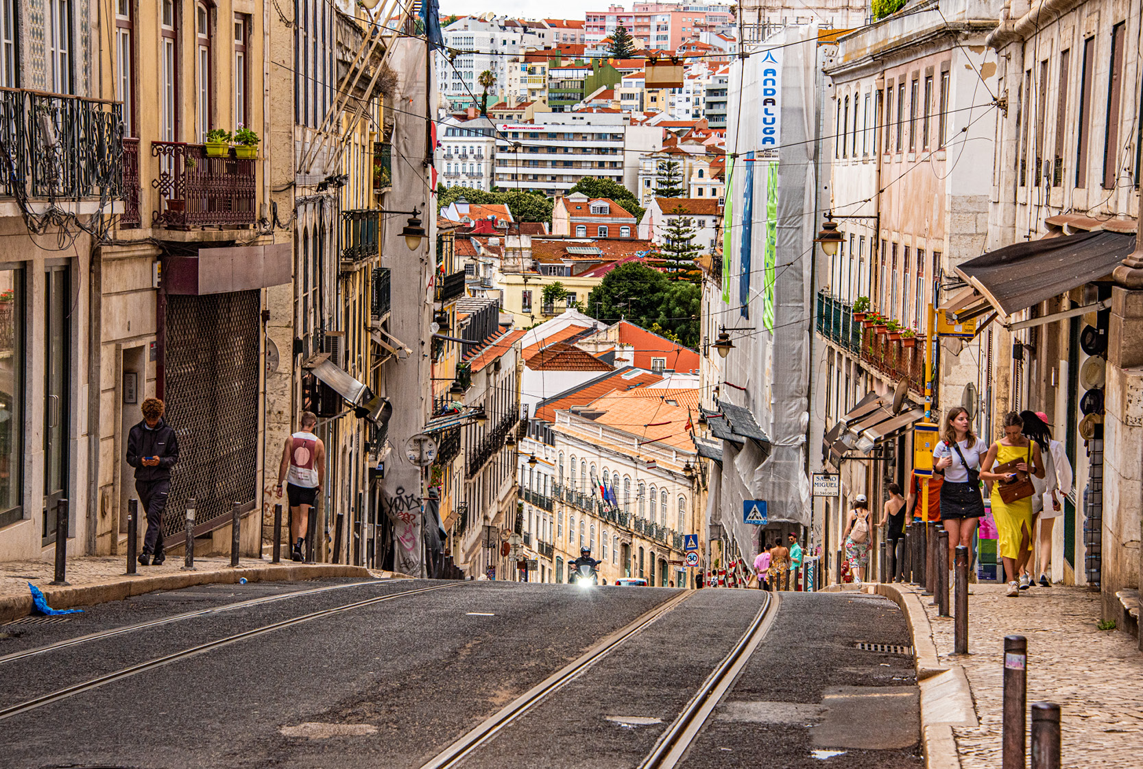 This steep hilly street in Lisbon’s Bairro Alto neighborhood characterizes the nature of many old town sections of Lisbon.