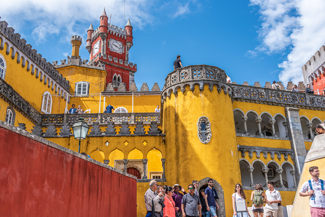 Whimsy pervades the Palácio da Pena, the most famous of 12 castles and palaces in the city of Sintra, located west of Lisbon at the edge of the Atlantic Ocean. The Palace was rebuilt in mid-nineteenth century’s Romanticist style.