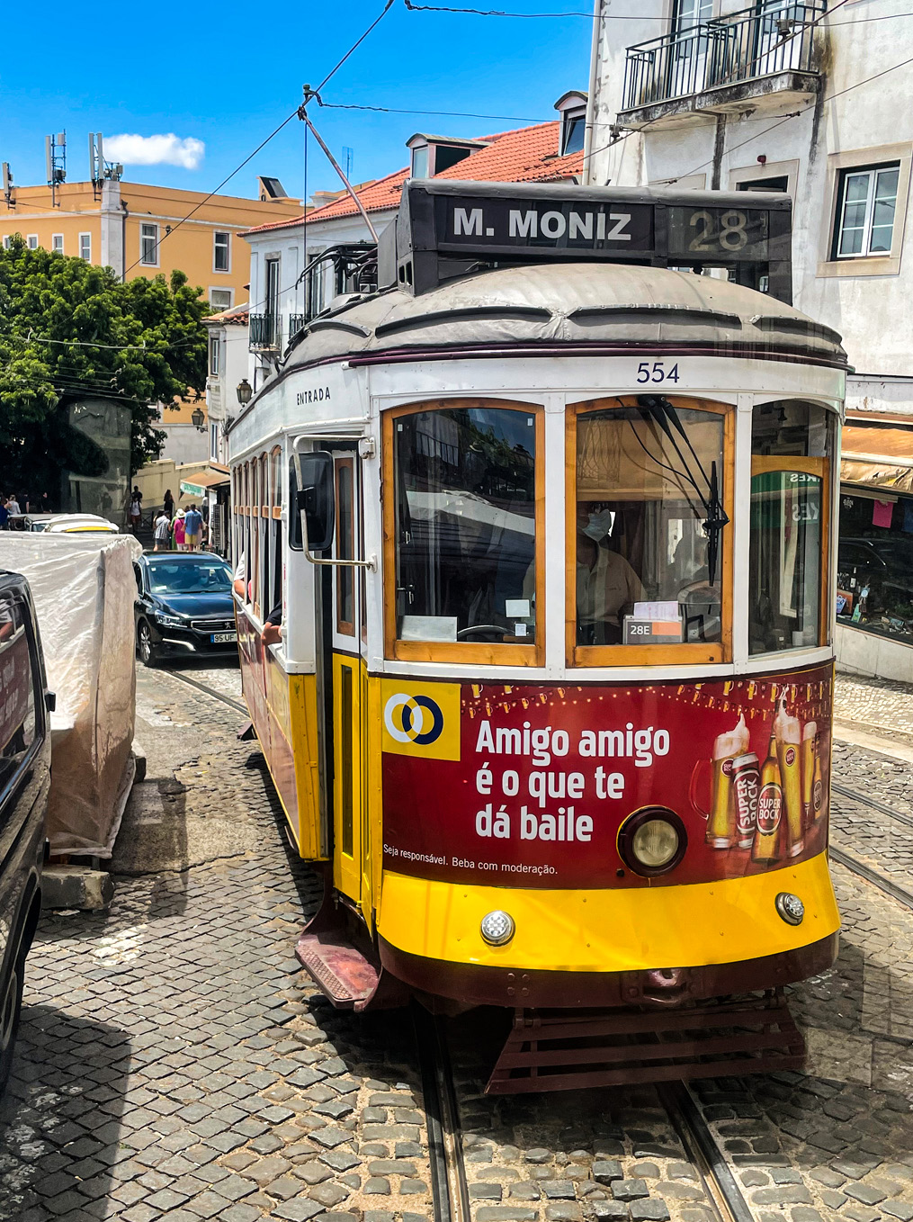 Tram 28 is a commuter trolley for workers and shoppers and a great way for tourists to get a glimpse of life in old Lisbon’s neighborhoods.