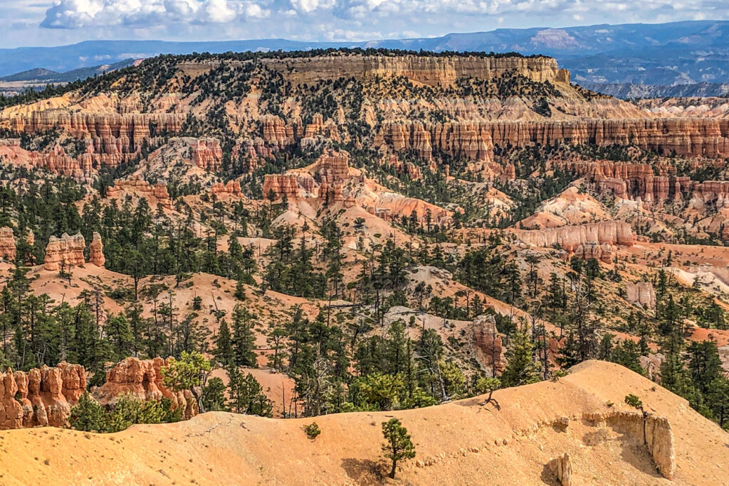 A mesa surrounded by thousands of hoodoos dominates this Bryce Canyon view