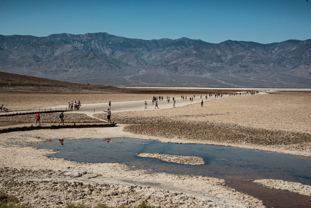 Boardwalk leads visitors onto Death Valley’s salt flats