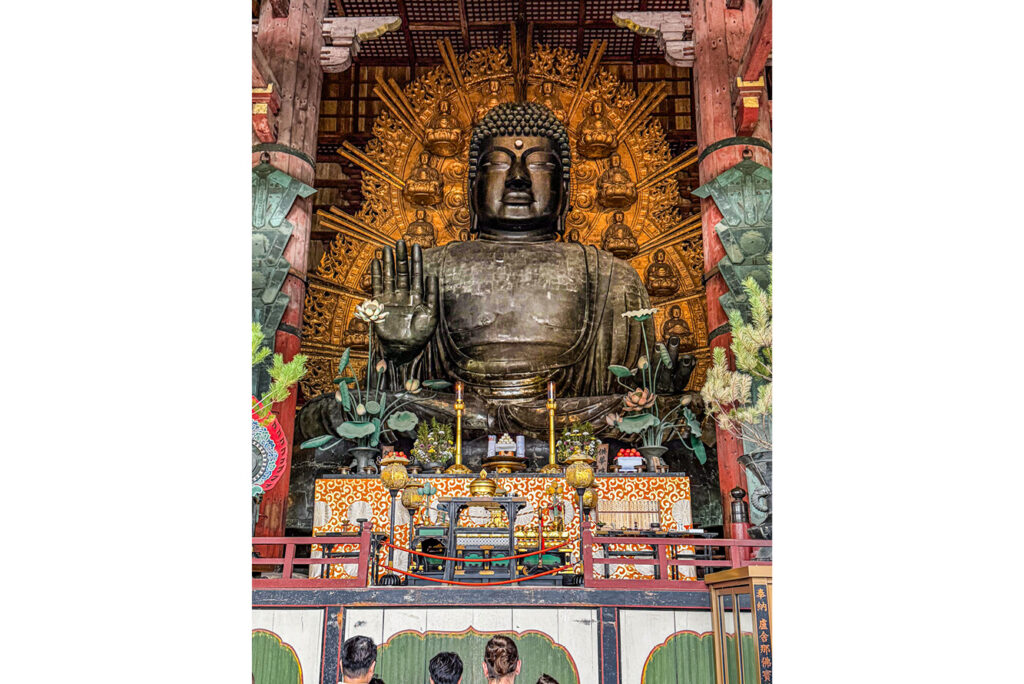 Nara’s Todaiji Temple houses Japan’s largest bronze Buddha, reaching fifty feet high