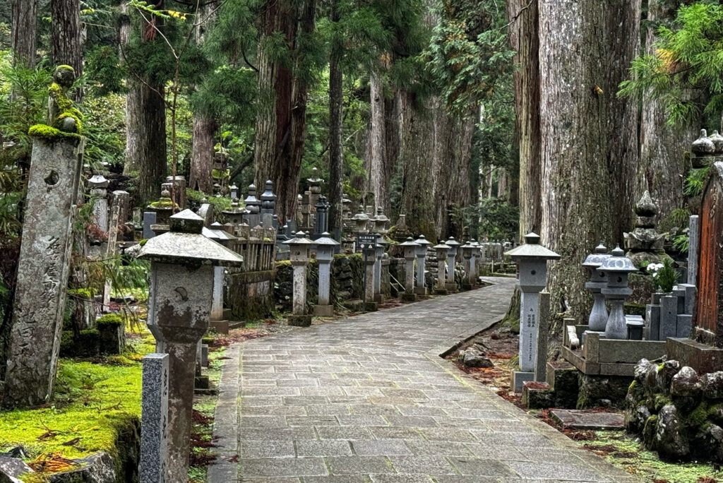 A stone path leads visitors through atmospheric Okunoin Cemetery in Koyasan