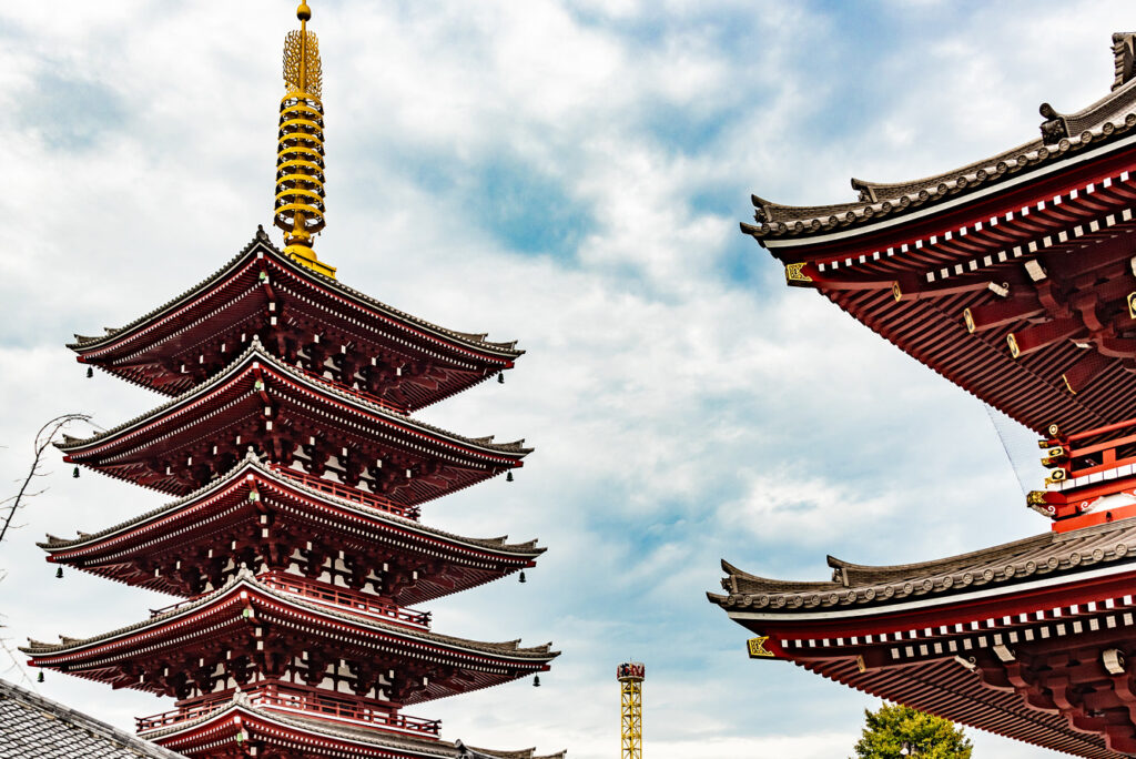 Sensoji, Tokyo’s oldest established temple, now surrounded by the dense city, includes the main hall, its five-story pagoda, and large gates