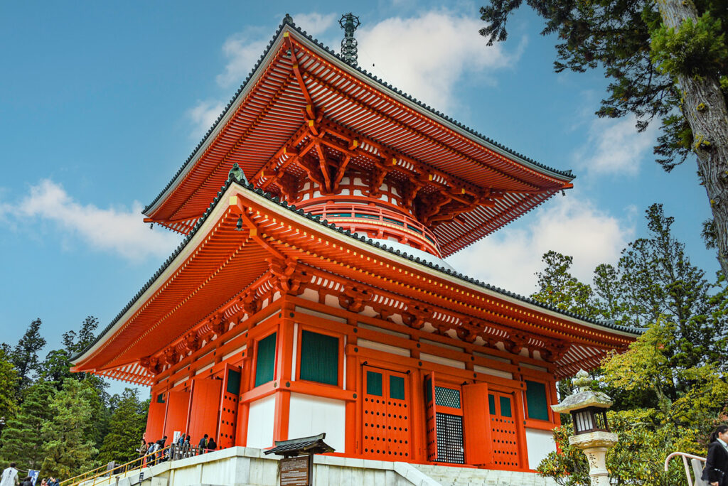 Vermillion-red Konpon Daito, the Great Pagoda, occupies center stage of the temple campus