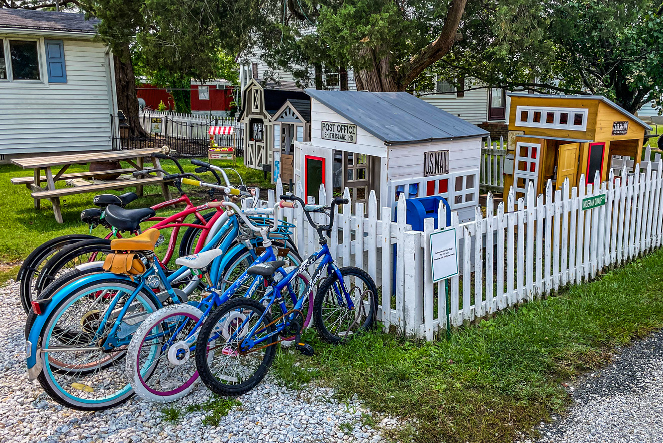 A miniature replica town of Ewell, Smith Island makes a fun play area for the neighborhood kids